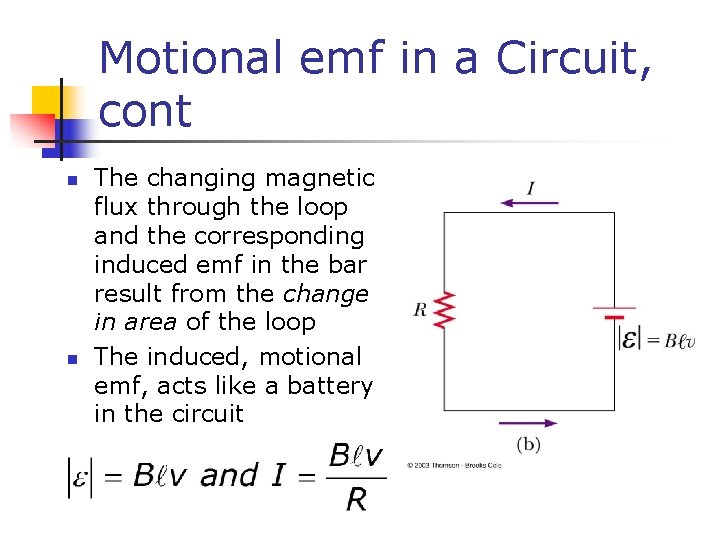 Motional emf in a Circuit, cont n n The changing magnetic flux through the