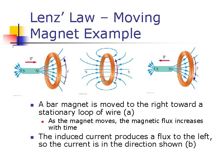 Lenz’ Law – Moving Magnet Example n A bar magnet is moved to the
