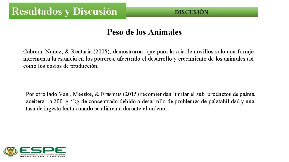 Resultados y Discusión DISCUSIÓN Peso de los Animales Cabrera, Nuñez, & Rentaría (2005), demostraron