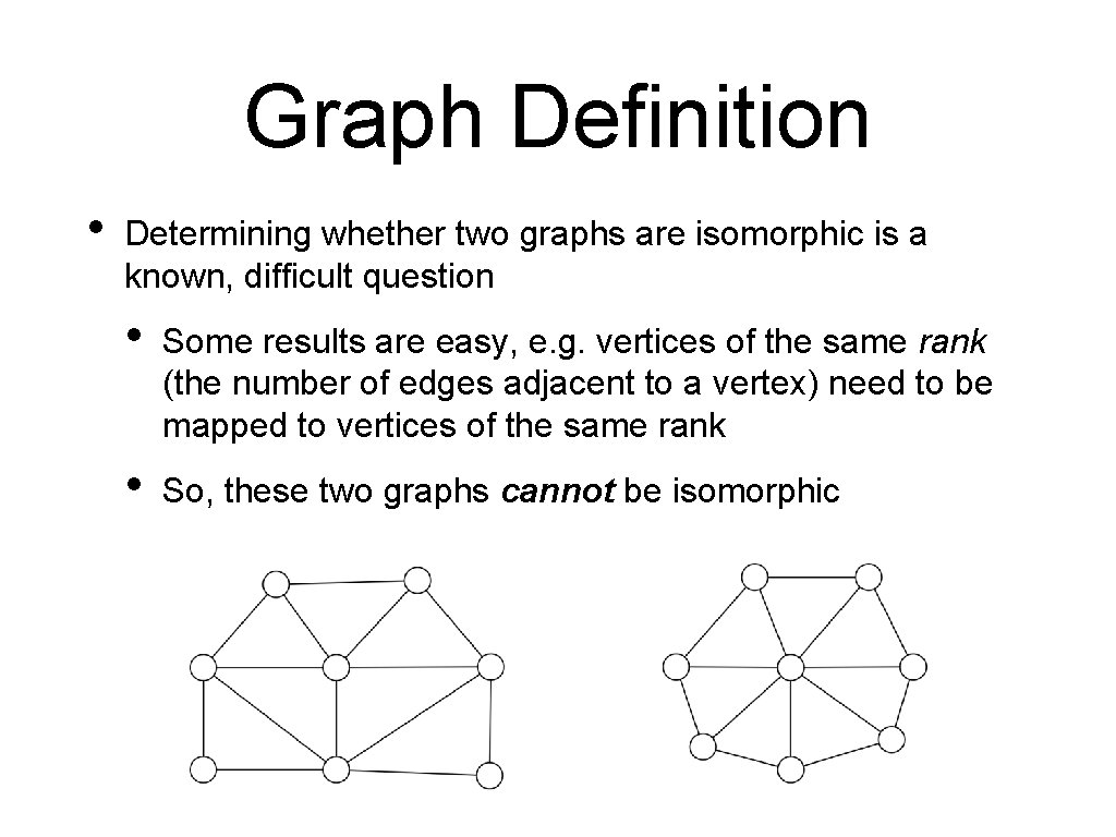 Graph Definition • Determining whether two graphs are isomorphic is a known, difficult question