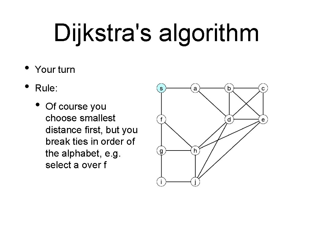 Dijkstra's algorithm • • Your turn Rule: • Of course you choose smallest distance