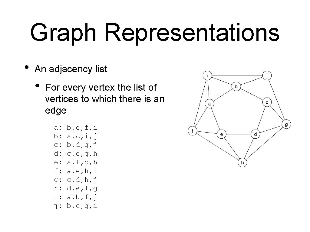 Graph Representations • An adjacency list • For every vertex the list of vertices