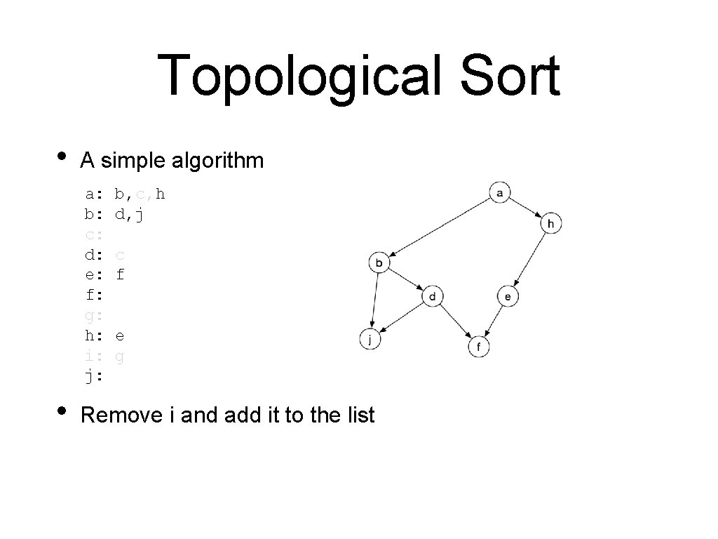 Topological Sort • A simple algorithm a: b: c: d: e: f: g: h: