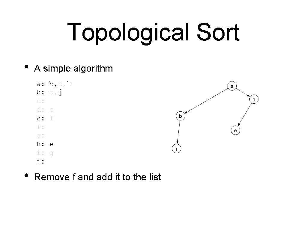 Topological Sort • A simple algorithm a: b: c: d: e: f: g: h: