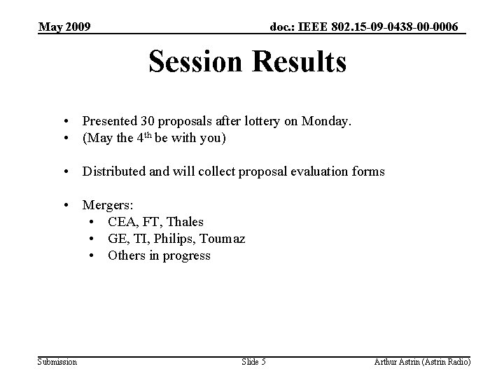 May 2009 doc. : IEEE 802. 15 -09 -0438 -00 -0006 Session Results •