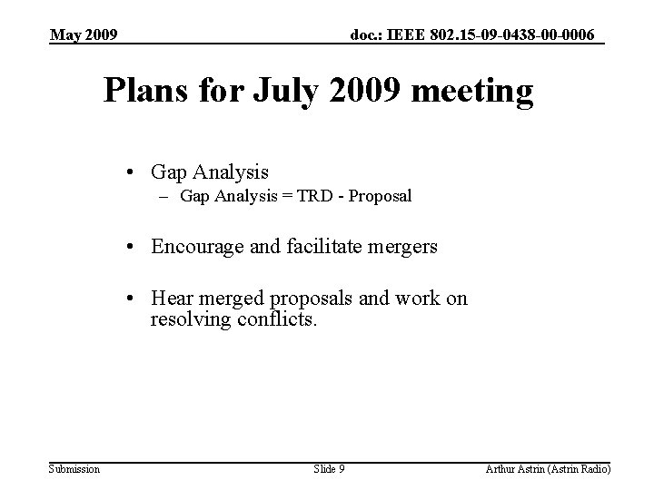 May 2009 doc. : IEEE 802. 15 -09 -0438 -00 -0006 Plans for July