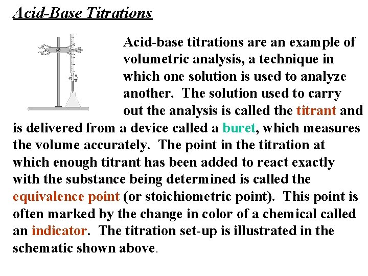 Acid-Base Titrations Acid-base titrations are an example of volumetric analysis, a technique in which