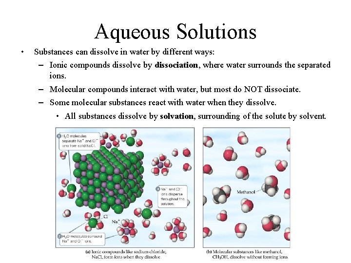 Aqueous Solutions • Substances can dissolve in water by different ways: – Ionic compounds