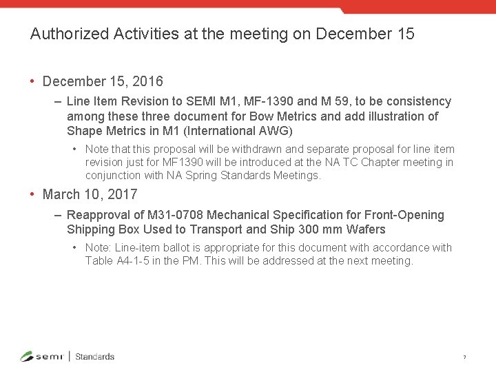 Authorized Activities at the meeting on December 15 • December 15, 2016 – Line