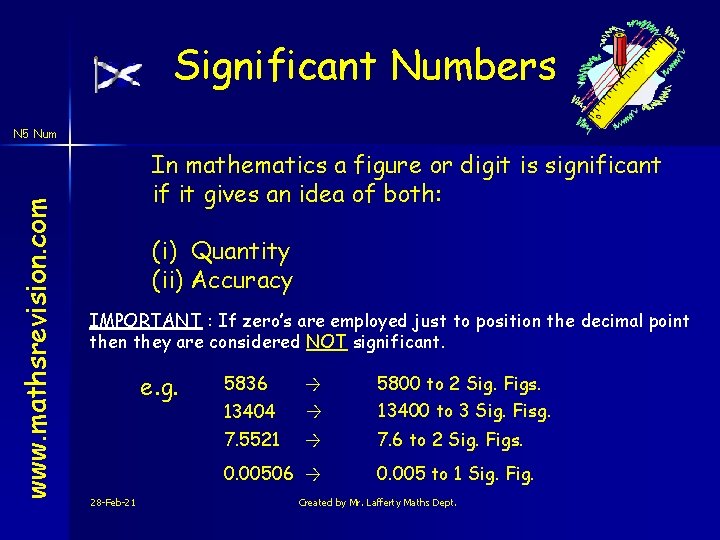 Significant Numbers www. mathsrevision. com N 5 Num In mathematics a figure or digit