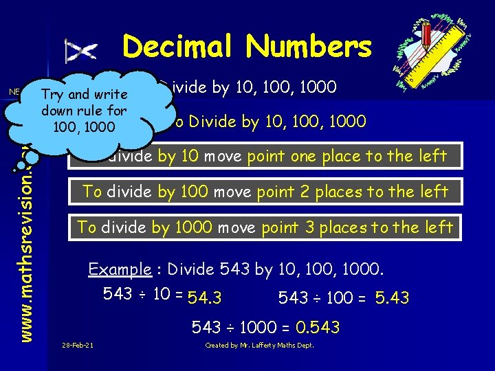 Decimal Numbers www. mathsrevision. com N 5 Num Try and write down rule for