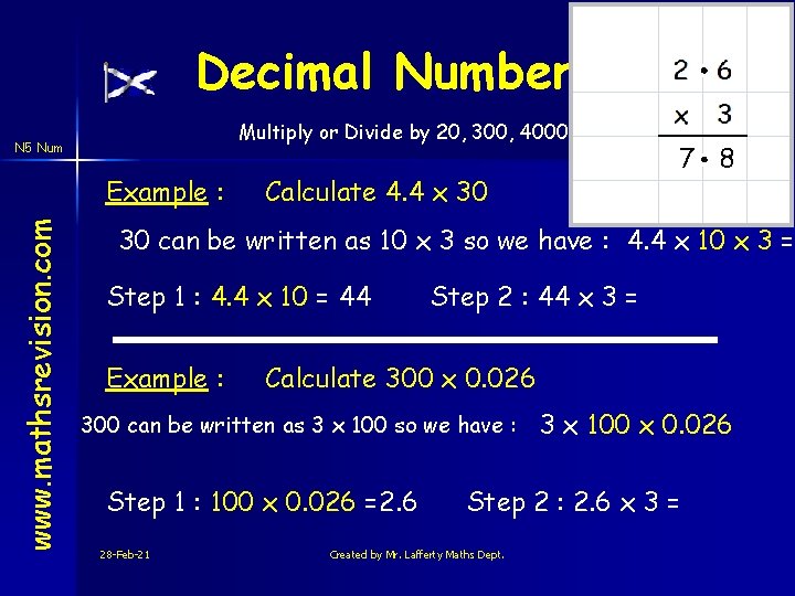 Decimal Numbers Multiply or Divide by 20, 300, 4000 N 5 Num www. mathsrevision.