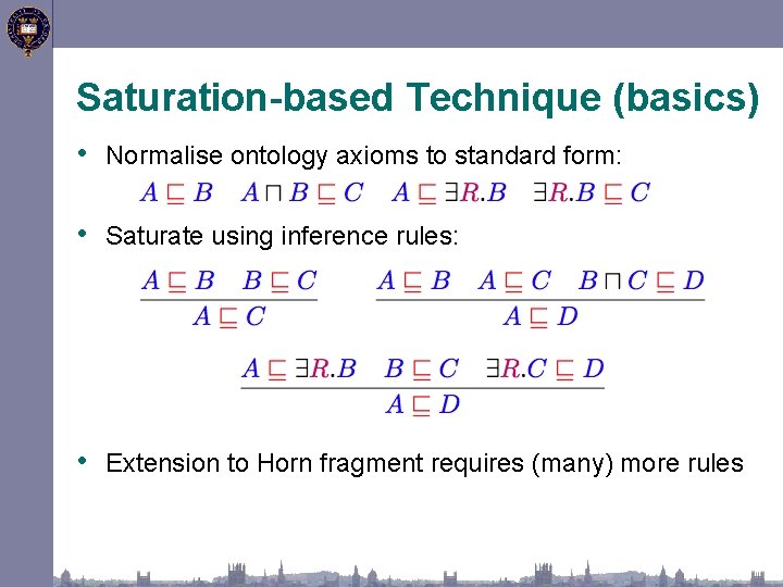 Saturation-based Technique (basics) • Normalise ontology axioms to standard form: • Saturate using inference