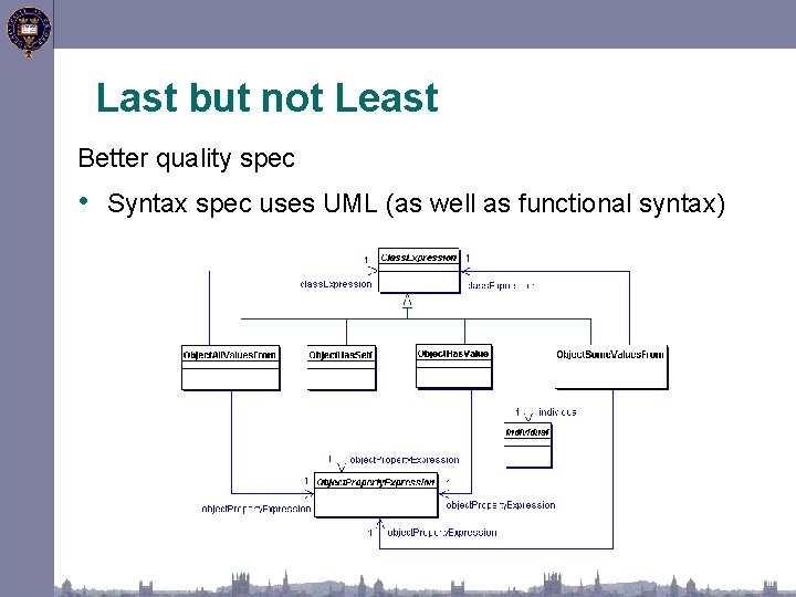 Last but not Least Better quality spec • Syntax spec uses UML (as well