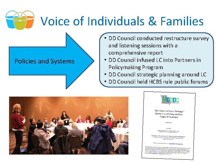 Voice of Individuals & Families Policies and Systems • DD Council conducted restructure survey