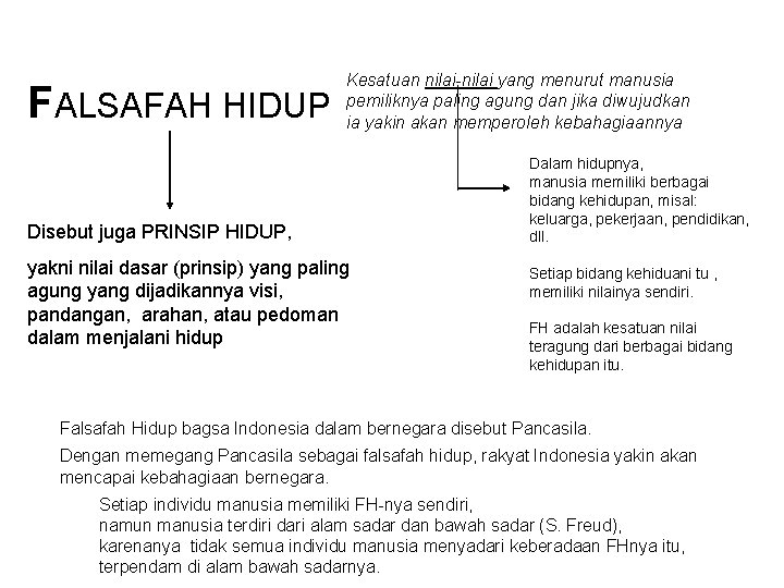 FALSAFAH HIDUP Kesatuan nilai-nilai yang menurut manusia pemiliknya paling agung dan jika diwujudkan ia