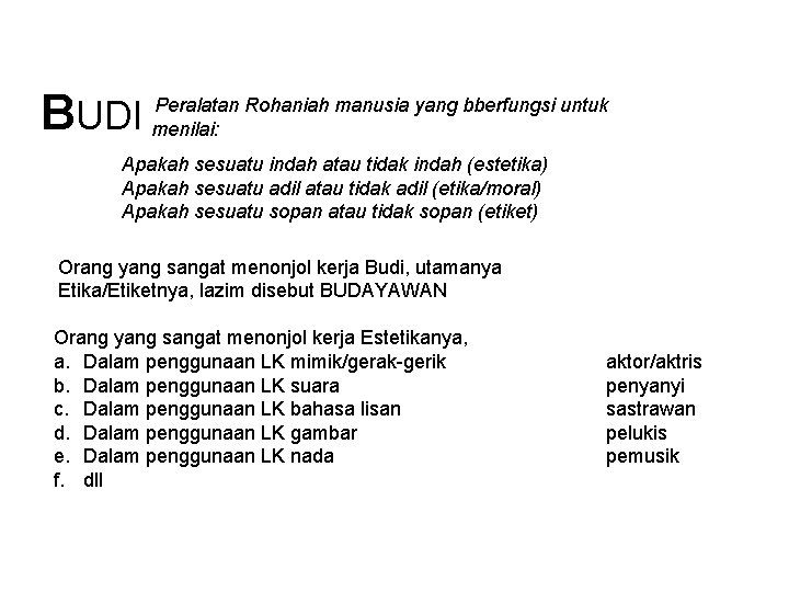 BUDI Peralatan Rohaniah manusia yang bberfungsi untuk menilai: Apakah sesuatu indah atau tidak indah