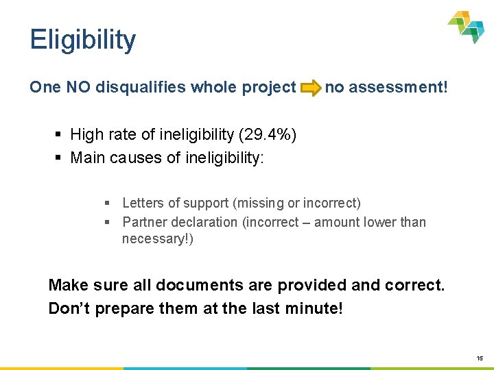 Eligibility One NO disqualifies whole project no assessment! § High rate of ineligibility (29.