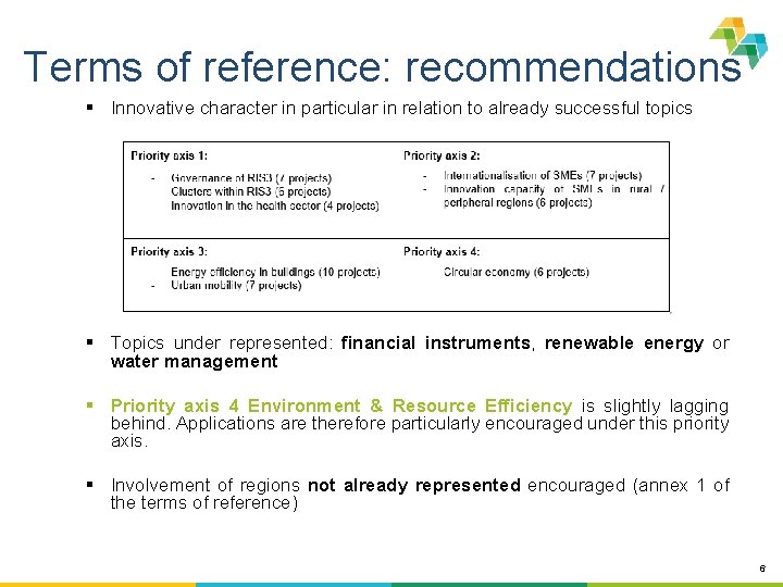Terms of reference: recommendations § Innovative character in particular in relation to already successful