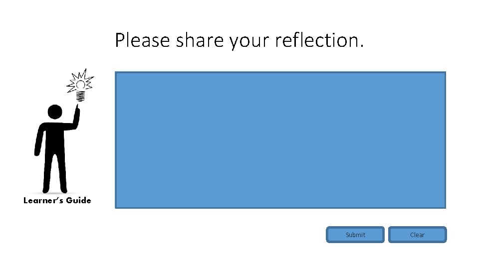 Please share your reflection. Learner’s Guide Submit Clear 