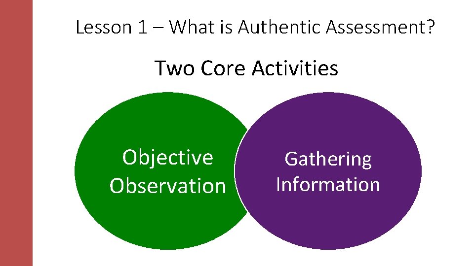 Lesson 1 – What is Authentic Assessment? Two Core Activities Objective Observation Gathering Information