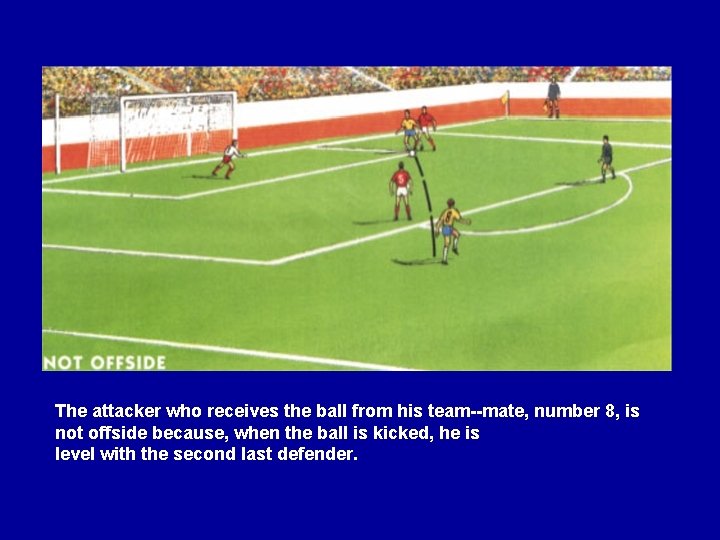 The attacker who receives the ball from his team--mate, number 8, is not offside