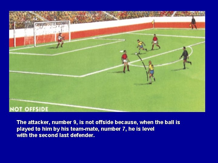 The attacker, number 9, is not offside because, when the ball is played to