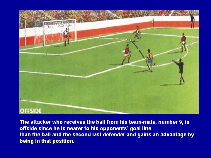 The attacker who receives the ball from his team-mate, number 9, is offside since