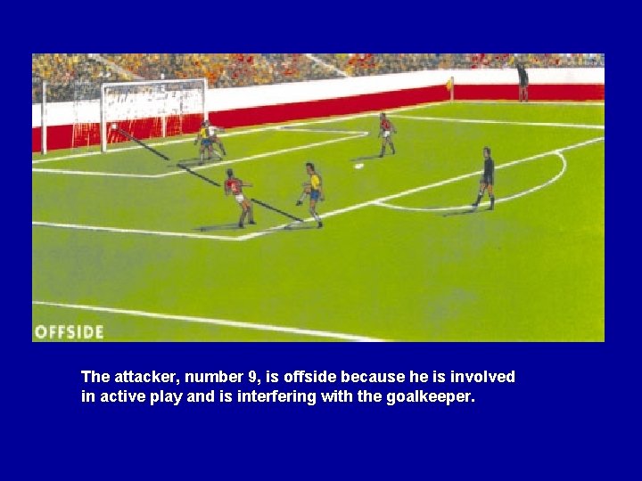 The attacker, number 9, is offside because he is involved in active play and