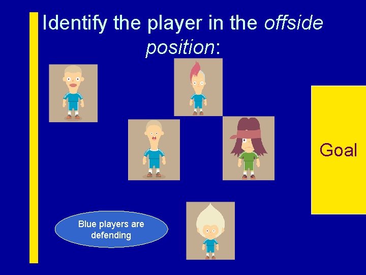 Identify the player in the offside position: Goal Blue players are defending 