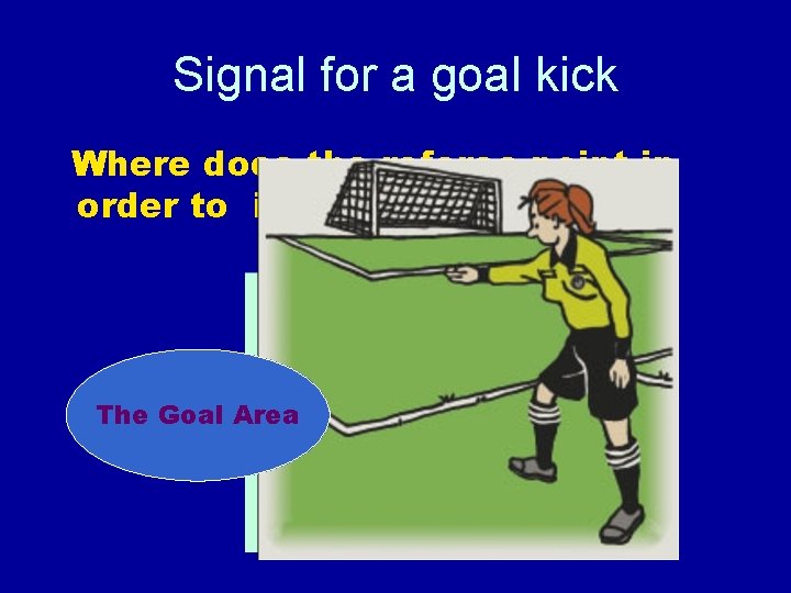 Signal for a goal kick Where does the referee point in order to indicate