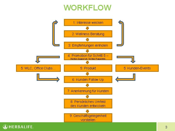 WORKFLOW 1: Interesse wecken 2: Wellness Beratung 3: Empfehlungen einholen 4: Promotion für Schritt