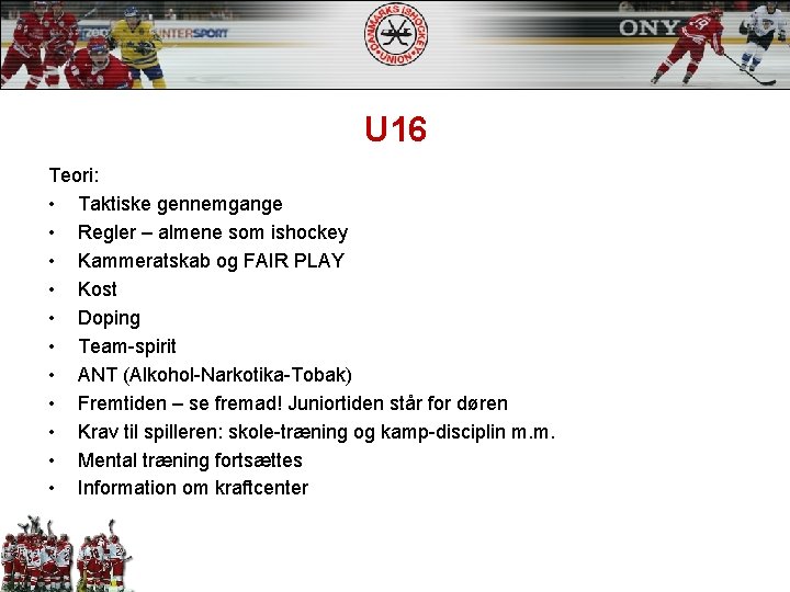 U 16 Teori: • Taktiske gennemgange • Regler – almene som ishockey • Kammeratskab