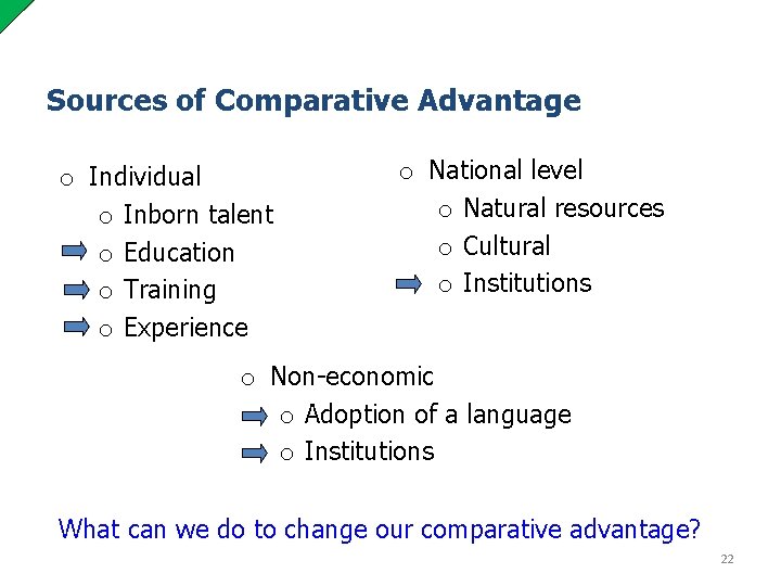 Sources of Comparative Advantage o Individual o Inborn talent o Education o Training o