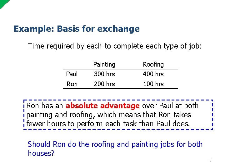 Example: Basis for exchange Time required by each to complete each type of job: