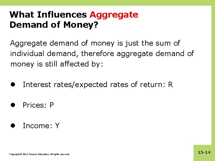 What Influences Aggregate Demand of Money? Aggregate demand of money is just the sum