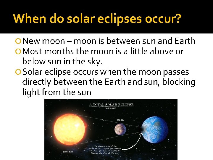 When do solar eclipses occur? New moon – moon is between sun and Earth