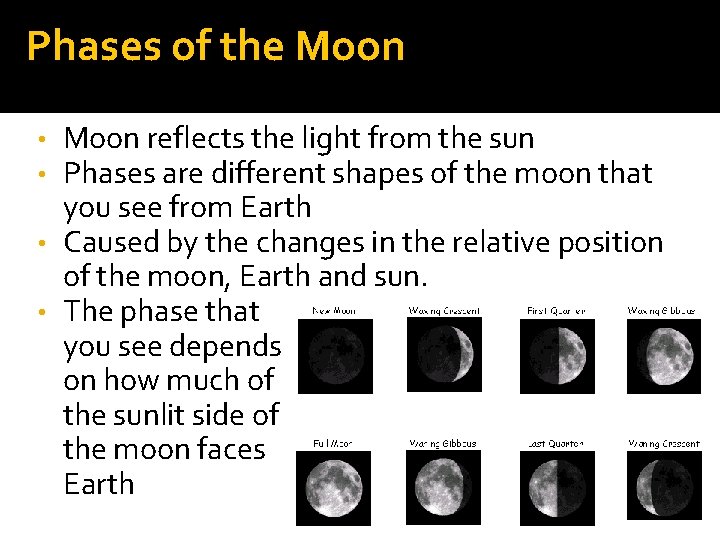 Phases of the Moon reflects the light from the sun Phases are different shapes