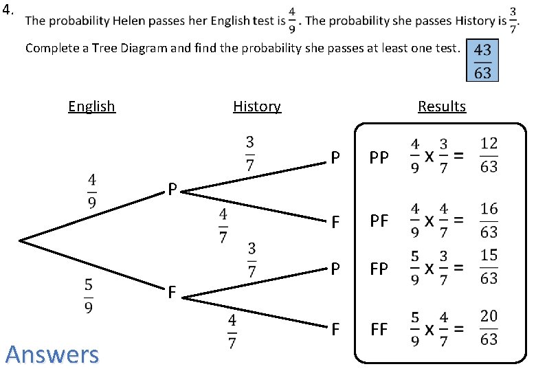 4. Complete a Tree Diagram and find the probability she passes at least one