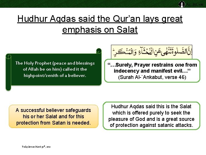 Hudhur Aqdas said the Qur’an lays great emphasis on Salat The Holy Prophet (peace Hudhur Aqdas said the Qur’an lays great emphasis on Salat The Holy Prophet (peace