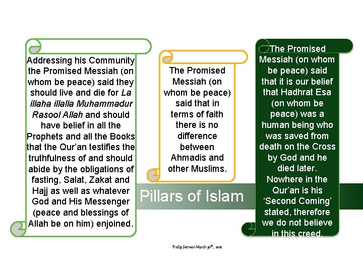 Addressing his Community the Promised Messiah (on whom be peace) said they should live Addressing his Community the Promised Messiah (on whom be peace) said they should live