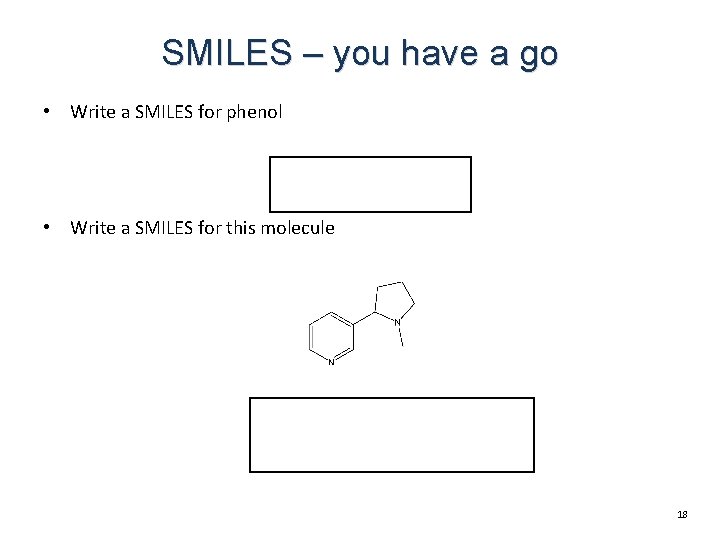SMILES – you have a go • Write a SMILES for phenol Oc 1 SMILES – you have a go • Write a SMILES for phenol Oc 1