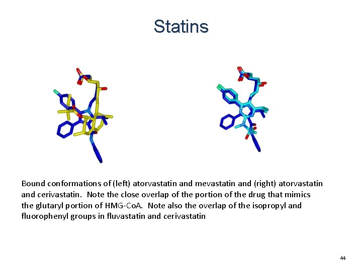Statins Bound conformations of (left) atorvastatin and mevastatin and (right) atorvastatin and cerivastatin. Note Statins Bound conformations of (left) atorvastatin and mevastatin and (right) atorvastatin and cerivastatin. Note