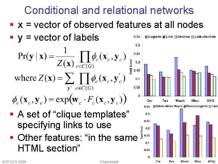 Conditional and relational networks § x = vector of observed features at all nodes