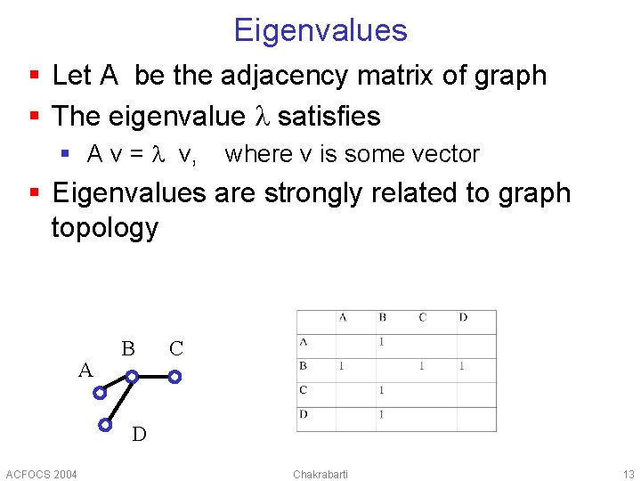 Eigenvalues § Let A be the adjacency matrix of graph § The eigenvalue satisfies