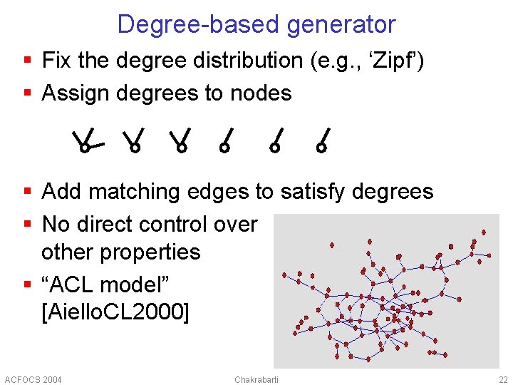 Degree-based generator § Fix the degree distribution (e. g. , ‘Zipf’) § Assign degrees