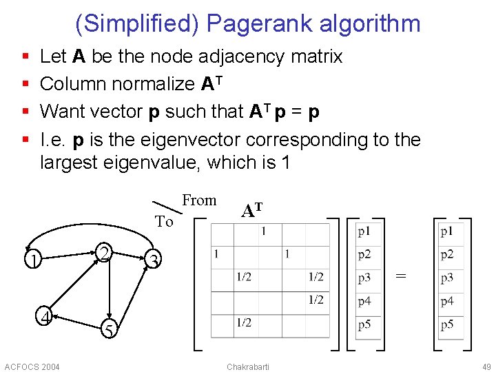 (Simplified) Pagerank algorithm § § Let A be the node adjacency matrix Column normalize