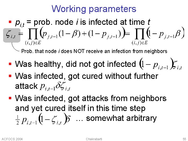 Working parameters § pi, t = prob. node i is infected at time t