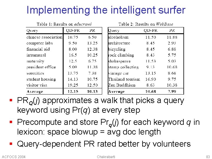 Implementing the intelligent surfer § PRQ(j) approximates a walk that picks a query keyword