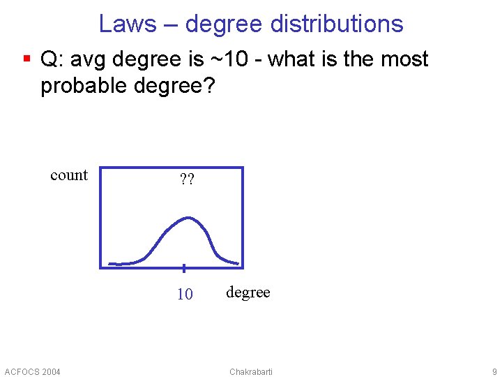 Laws – degree distributions § Q: avg degree is ~10 - what is the